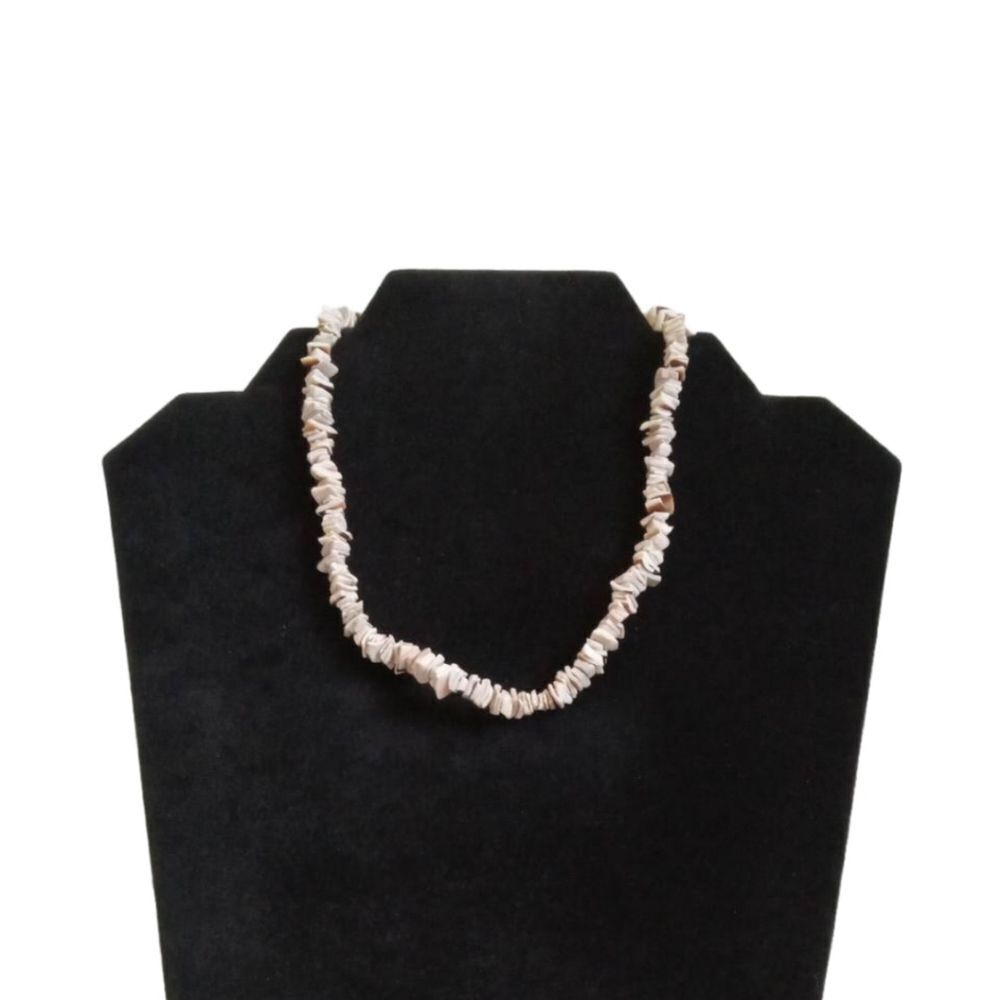 White Tan Stacked Puka Shell Shards Single Strand Lightweight Choker Necklace